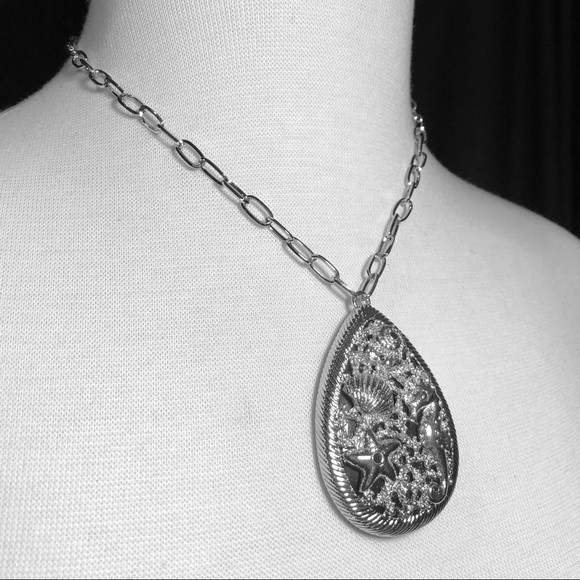 Mixed Sea Life Beach Black Silver Teardrop Necklace Earring Set - Picture 2 of 3